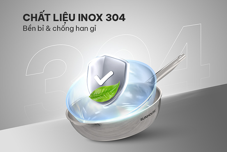 Chảo Inox 3 lớp Sunhouse IN16M6 size 16cm - Chất liệu inox 304 cao cấp, bền bỉ