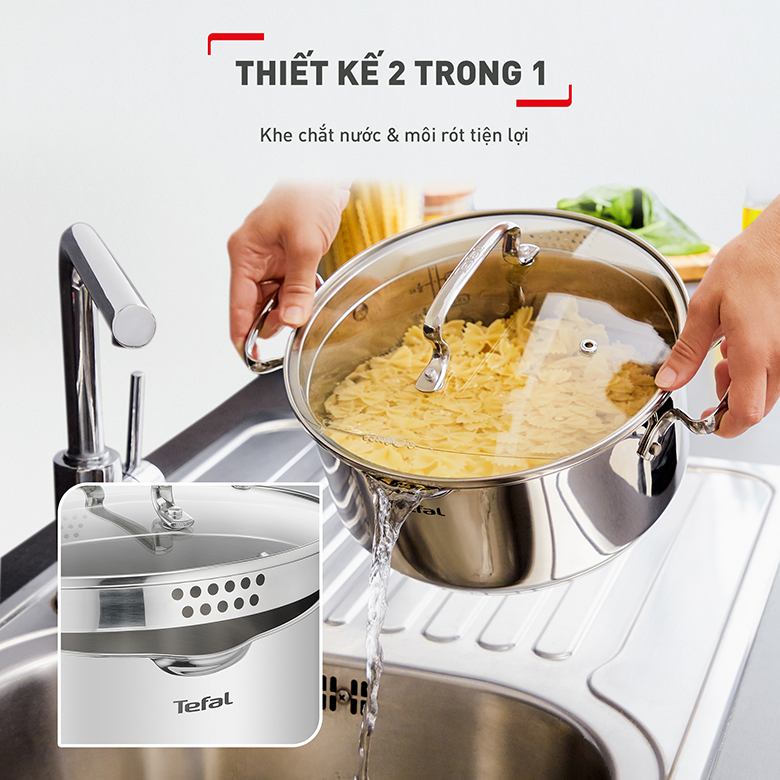 Nồi Tefal Duetto Plus 18cm G7194355 - Thiết kế khe chắt nước và môi rót tiện lợi