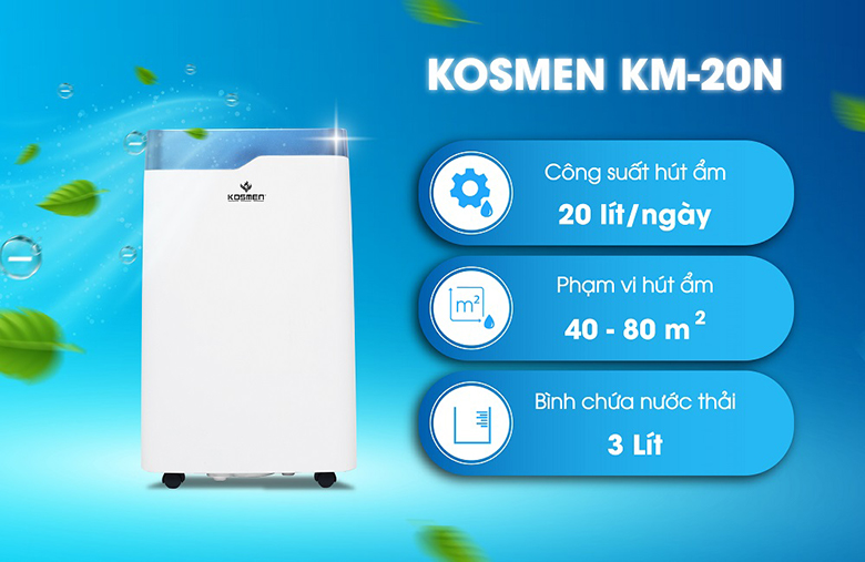 Máy hút ẩm phòng 60m2 - Máy hút ẩm dân dụng Kosmen KM-20N