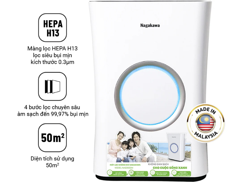 Máy lọc không khí Nagakawa NAG3502M - Hệ thống 4 bước lọc chuyên sâu, loại bỏ 99% bụi bẩn, vi khuẩn