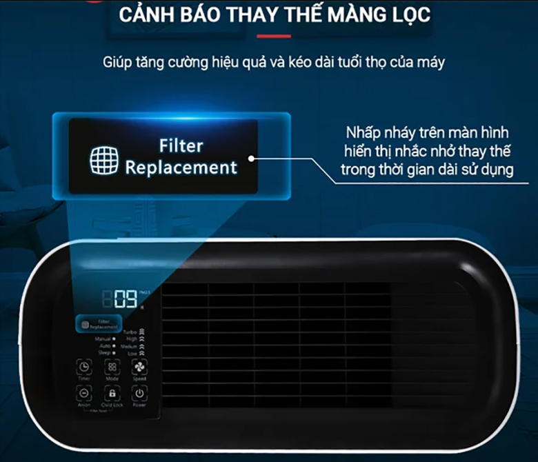 Máy lọc không khí Nagakawa NAG3502M - Cảnh báo thay thế màng lọc