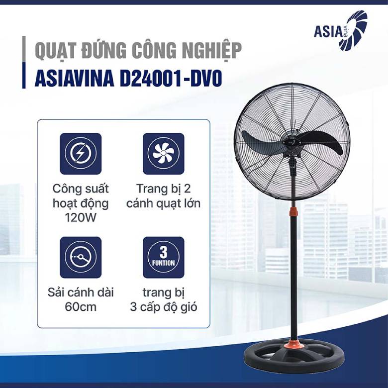 Quạt đứng công nghiệp Asiavina D24001-DV0 đen - sải cánh dài 60cm