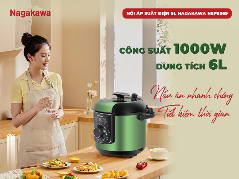 Nồi áp suất điện 6L Nagakawa NEP5369 - Nấu ăn nhanh chóng, tiết kiệm thời gian