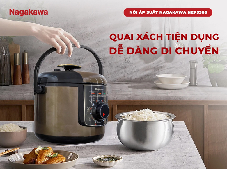 Nồi áp suất điện 6L Nagakawa NEP5366 - Quai xách chắc chắn