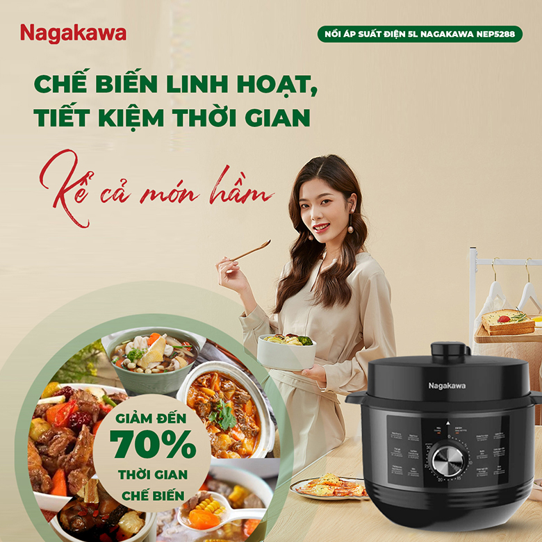 Nồi áp suất điện 5L Nagakawa NEP5288 - Công suất mạnh mẽ 900W, tiết kiệm thời gian nấu nướng