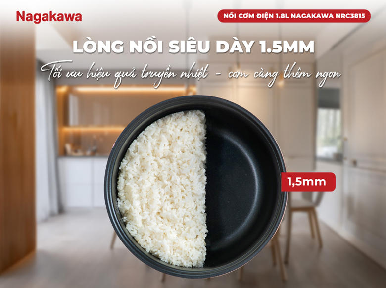 Nồi cơm điện Nagakawa 1.8L NRC3815 - Lòng nồi phủ chống dính siêu dày