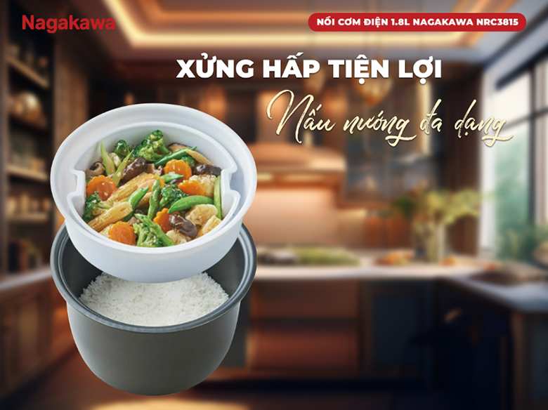 Nồi cơm điện Nagakawa 1.8L NRC3815 - Đi kèm xửng hấp tiện lợi