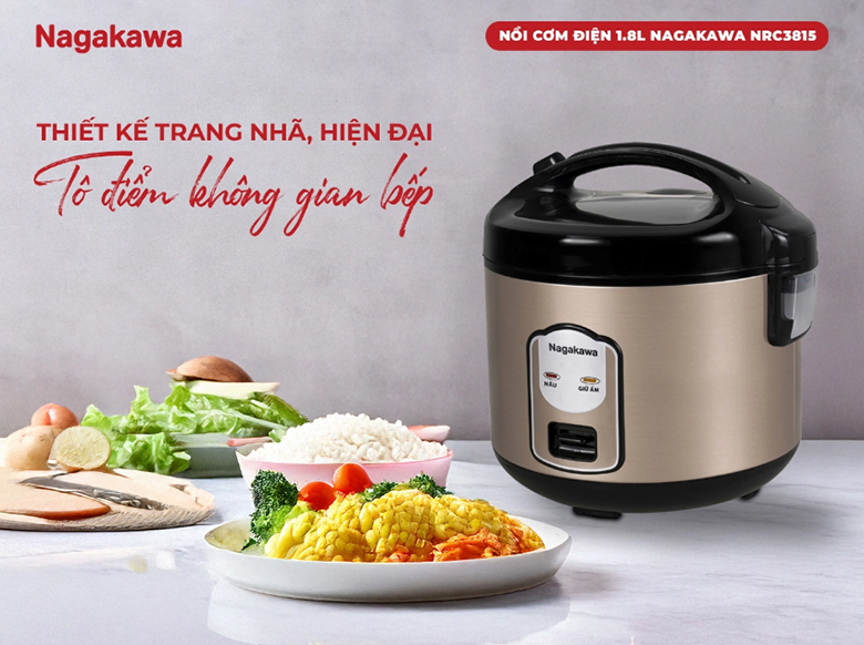 Nồi cơm điện Nagakawa 1.8L NRC3815 - Thiết kế trang nhã, mang đến vẻ hiện đại cho không gian bếp