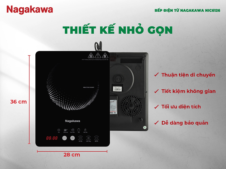 Bếp điện từ Nagakawa NIC6126 - Thiết kế nhỏ gọn, tiết kiệm không gian