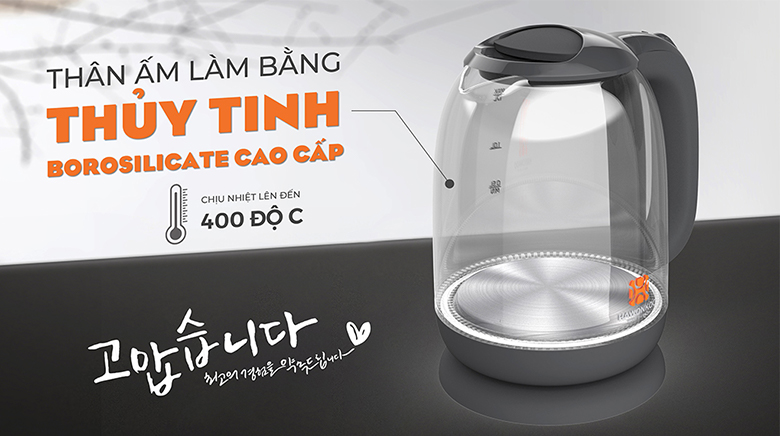 Ấm siêu tốc Hawonkoo KEH-170-GR - Vỏ bình bằng thủy tinh trong suốt