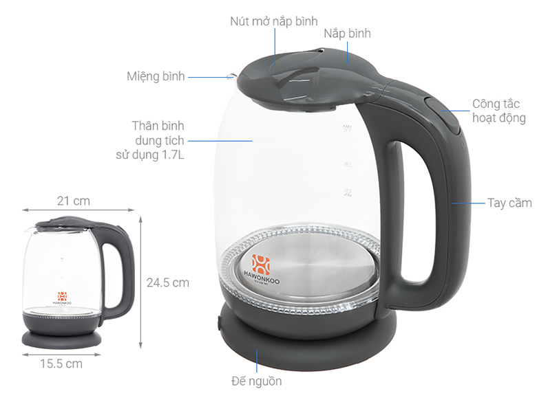 Ấm siêu tốc Hawonkoo KEH-170-GR