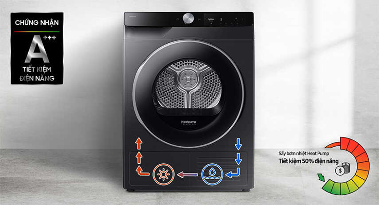 Máy sấy Samsung 9 Kg DV90T6240LB/SV - Công nghệ sấy bơm nhiệt Heatpump tiết kiệm điện
