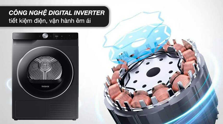 Máy sấy bơm nhiệt Samsung 9 Kg DV90T6240LB/SV - Động cơ Digital Inverter vận hành êm ái, tiết kiệm năng lượng