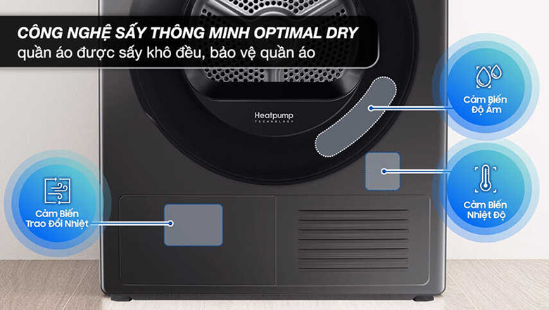 Máy sấy Samsung DV90T6240LB/SV 9kg - Cảm biến thông minh Optimal Dry sấy khô đều, bảo vệ sợi vải