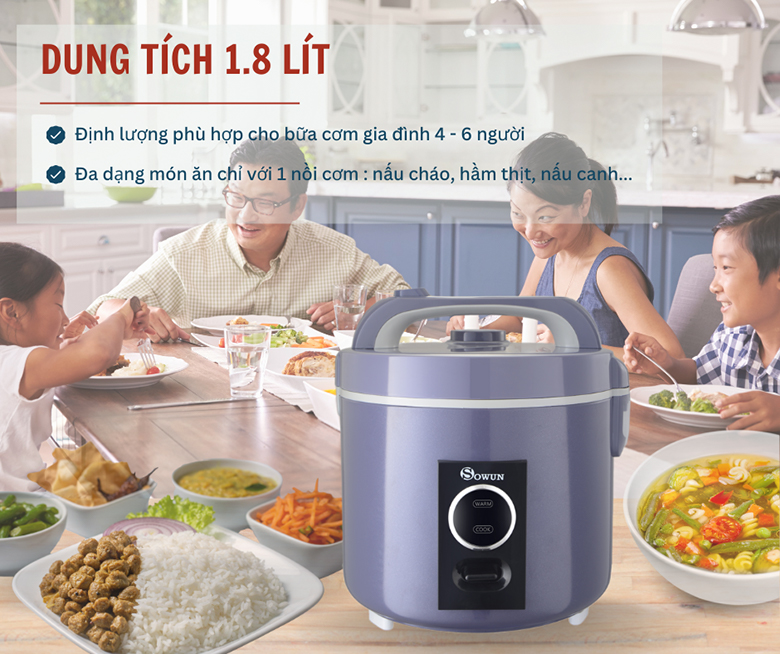 Nồi cơm điện Sowun 1.8L SW691P - Dung tích 1.8 lít phù hợp cho gia đình 4-6 người