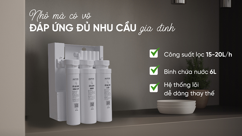 Máy lọc nước để gầm không tủ MUTOSI MP-U68N 3 lõi - Công suất lớn, đáp ứng tốt nhu cầu sử dụng của gia đình