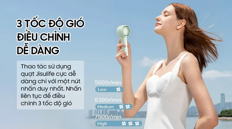 Quạt cầm tay mini Jisulife FA42-J1586 4500mAh Xanh lá - 3 tốc độ gió điều chỉnh dễ dàng