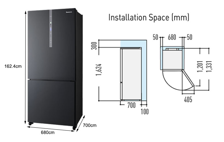 kích thước - Tủ lạnh Panasonic Inverter 363 lít NR-BX418GKVN Đen