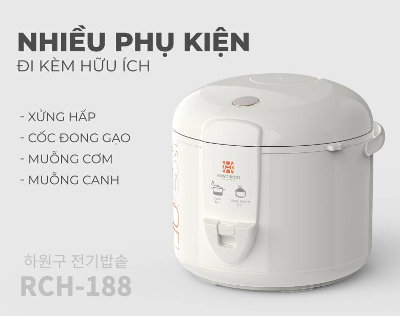 Nồi cơm điện Hawonkoo 1.8 lít RCH-188-WH - Phụ kiện đầy đủ, dễ dàng sử dụng