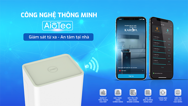 Máy lọc nước Karofi KAQ-U98 giám sát nước sạch qua ứng dụng Aiotec