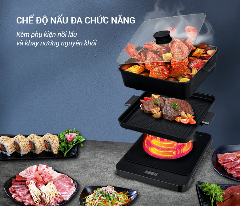 Bếp điện từ đa năng Nagakawa NAG0717 kèm nồi lẩu và vỉ nướng