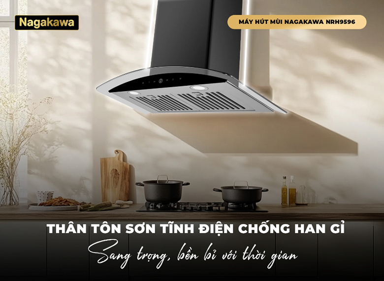 Máy hút mùi kính cong Nagakawa NRH9596 - Thiết kế sang trọng, vỏ bằng tôn sơn tĩnh điện bền bỉ