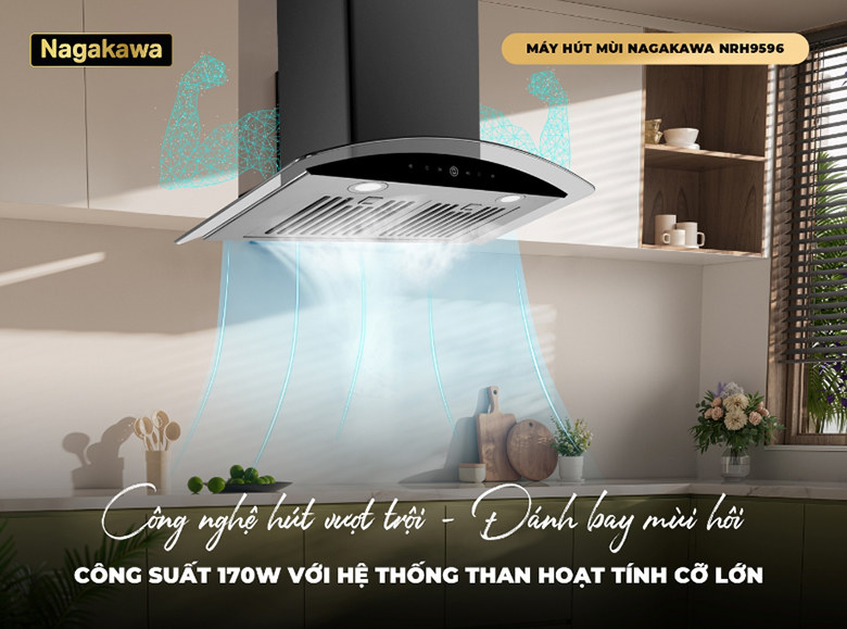 Máy hút mùi kính cong Nagakawa NRH9596 - Công suất mạnh mẽ, hút sạch mùi nhanh chóng