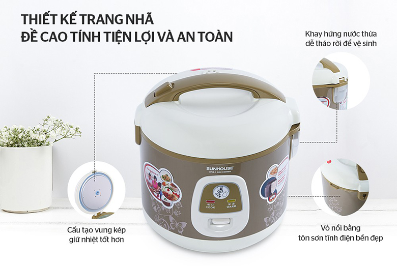 Thiết kế-Nồi cơm điện 1.2L Sunhouse SHD8216 vàng