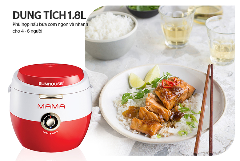 Dung tích-Nồi cơm điện 1.8L Sunhouse SHD8661 đỏ trắng