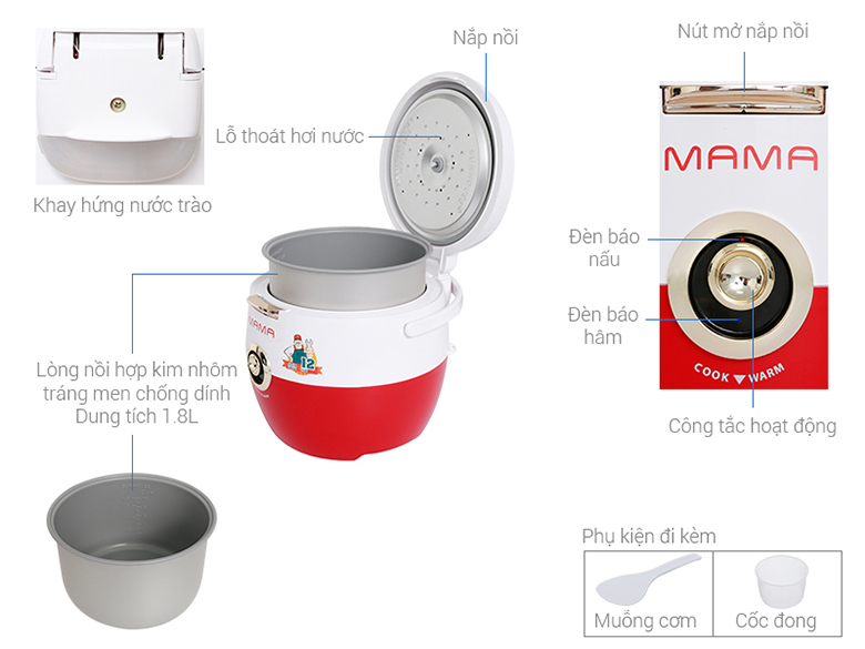 ảnh kích thước-Nồi cơm điện 1.8L Sunhouse SHD8661 đỏ trắng