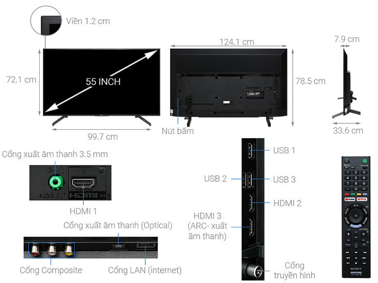 Kích thước tivi Sony phổ biến - KD-55X7000G