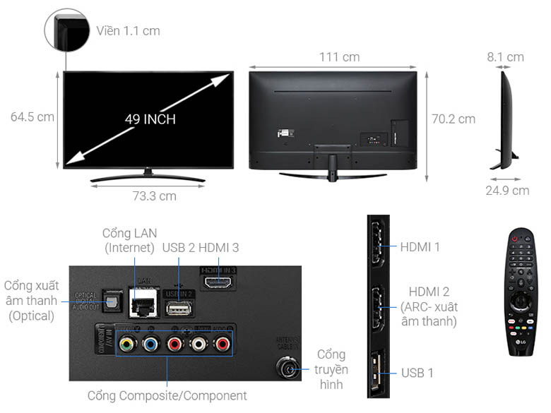 Kích thước Smart Tivi LG 4K 49 inch 49UM7400PTA