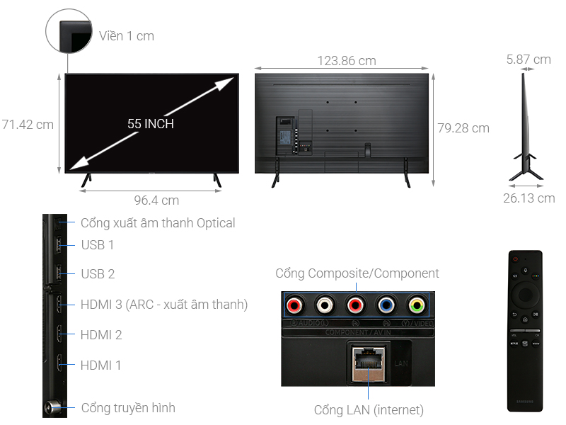 Kích thước tivi Samsung 4K 55 inch UA55RU7200KXXV