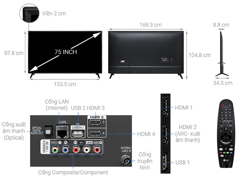 Kích thước Smart tivi LG 75 inch 75UM7500PTA
