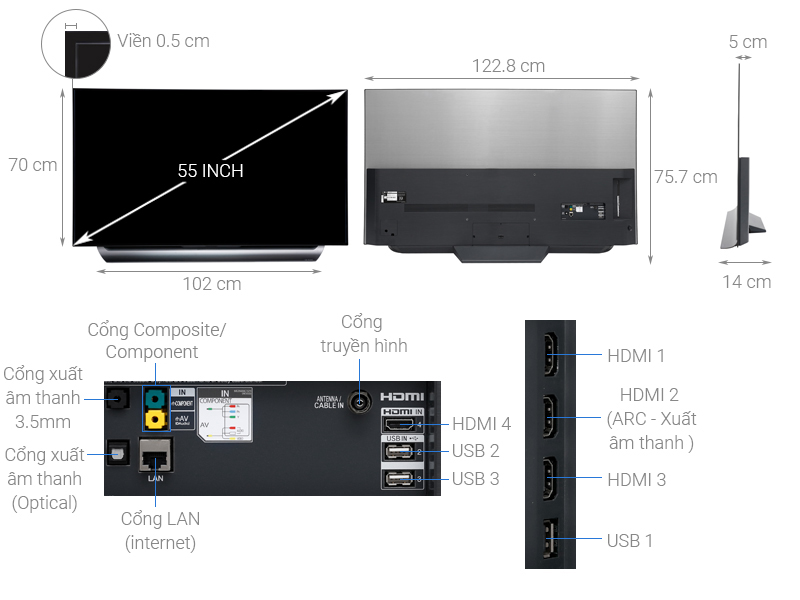 TV LG OLED 55C8PTA kích thước
