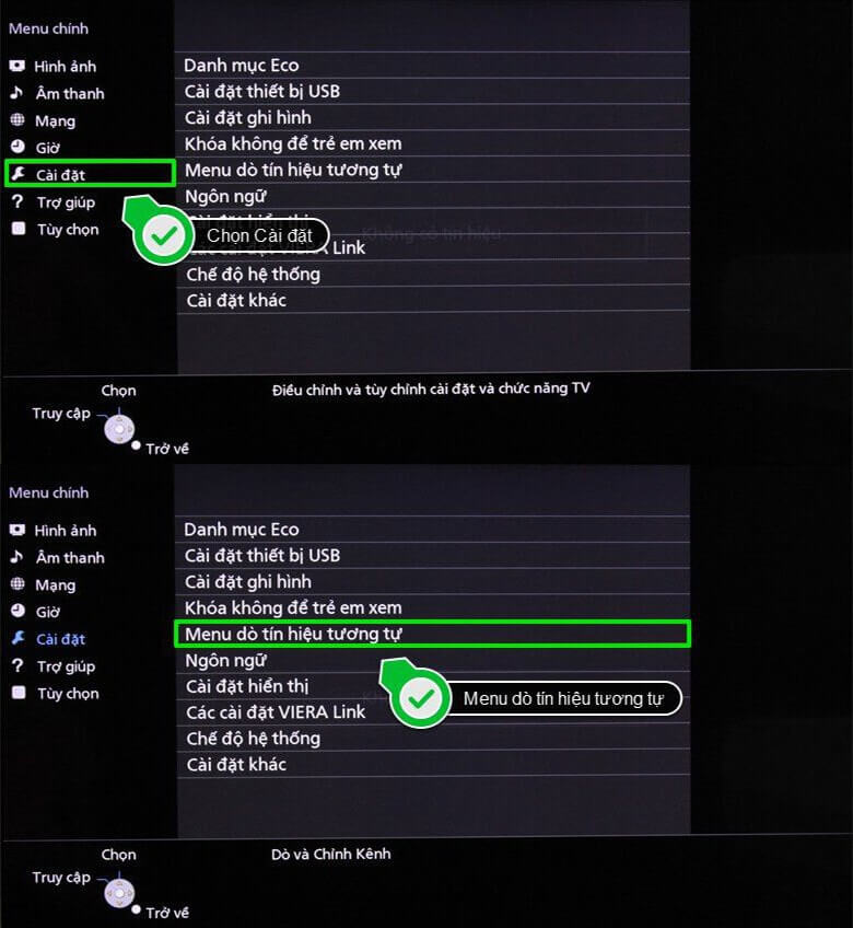 Hướng dò kênh tivi Panasonic Smart TV tiếp chọn cài đặt và Menu dò tín hiệu tương tự