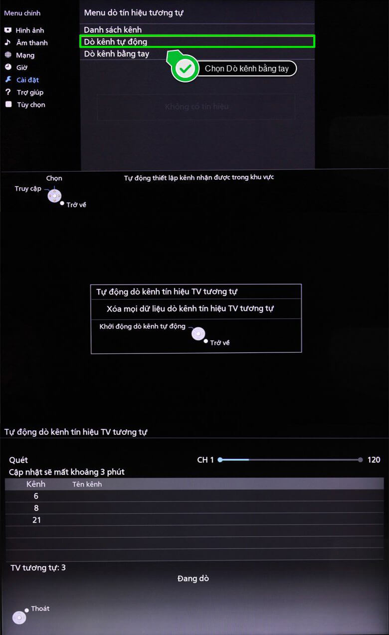 Hướng dò kênh tivi Panasonic Smart TV tiếp chọn dò kênh tự động và khởi động dò kênh tự động