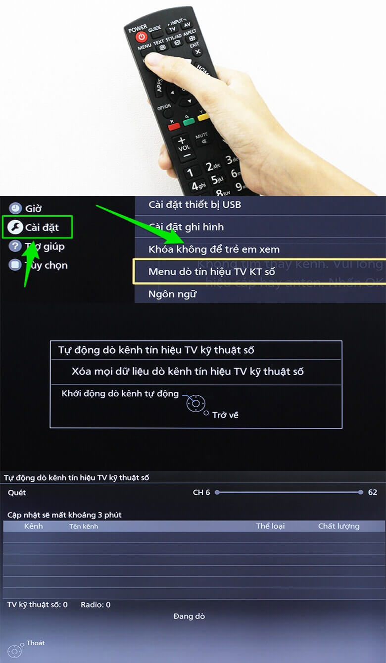 Chọn nút MENU,Cài đặt,Menu dò tín hiệu TV KT số dò kênh trên Smart tivi Panasonic trên giao diện Firefox