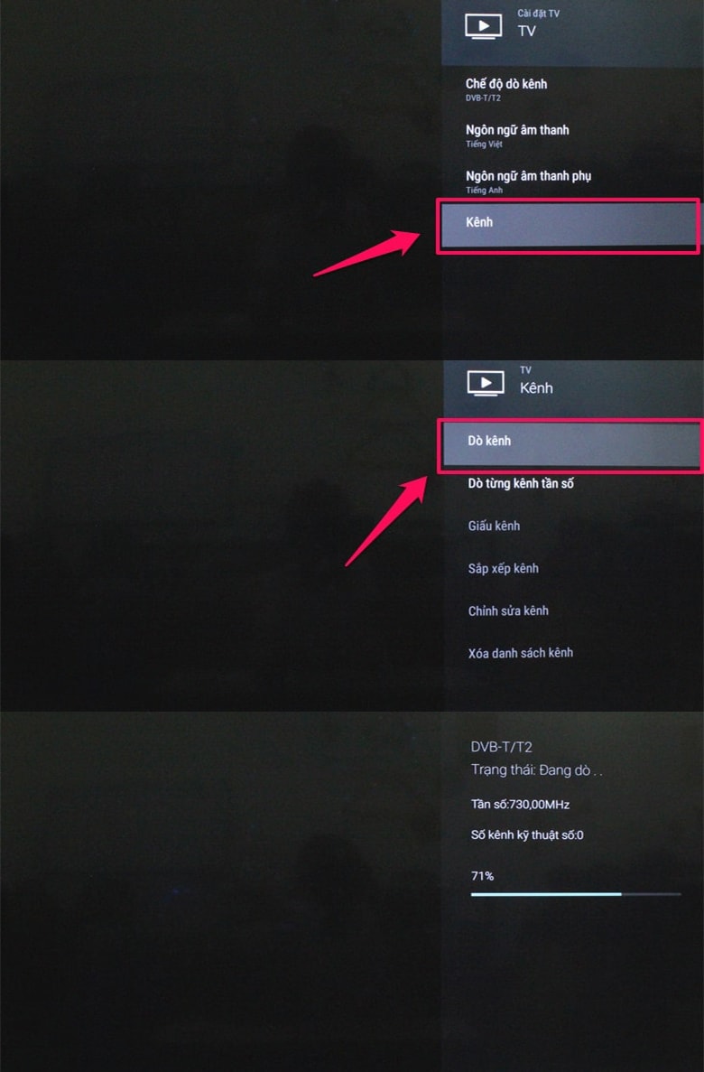 Chọn Kênh và Dò kênh và cuối cùng bấm OK dò kênh DVT-T2 trên tivi Panasonic