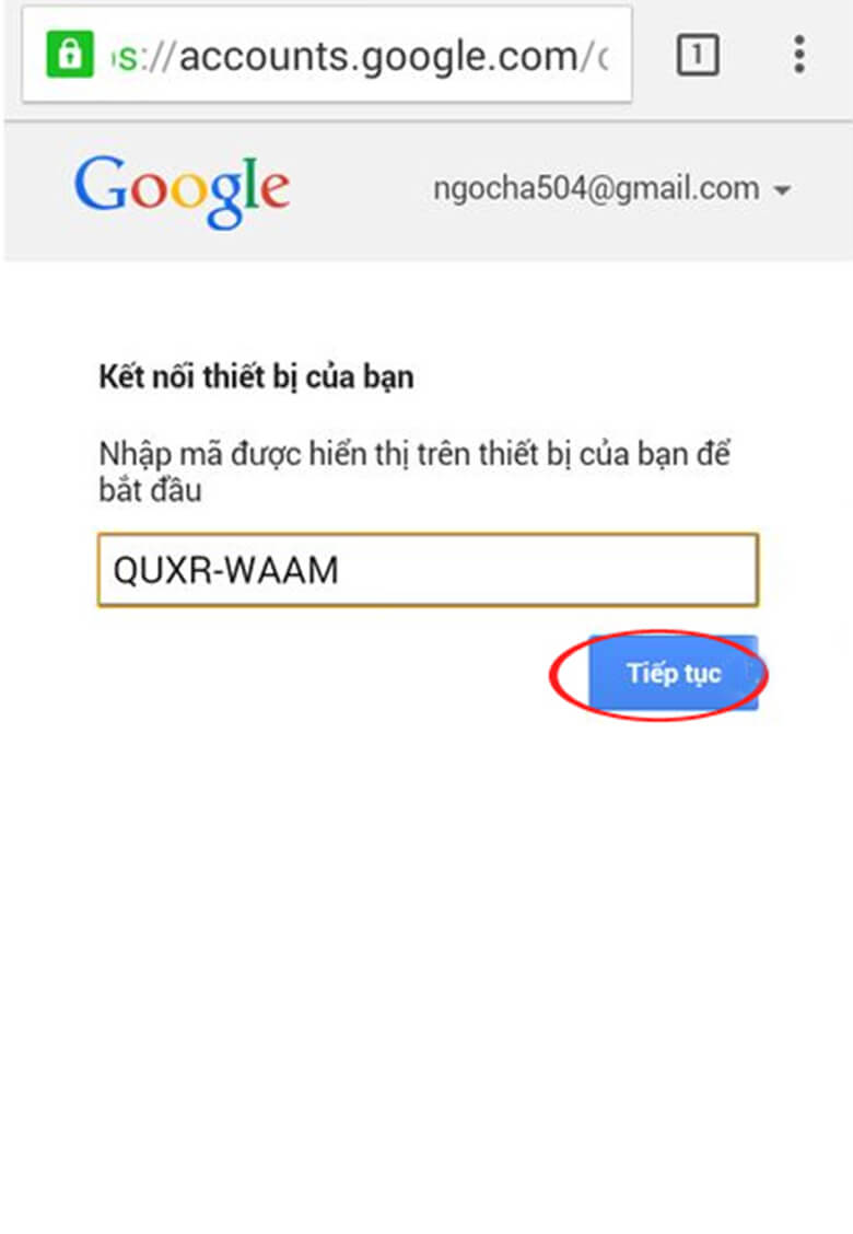 Điền mã đăng nhập vào khung