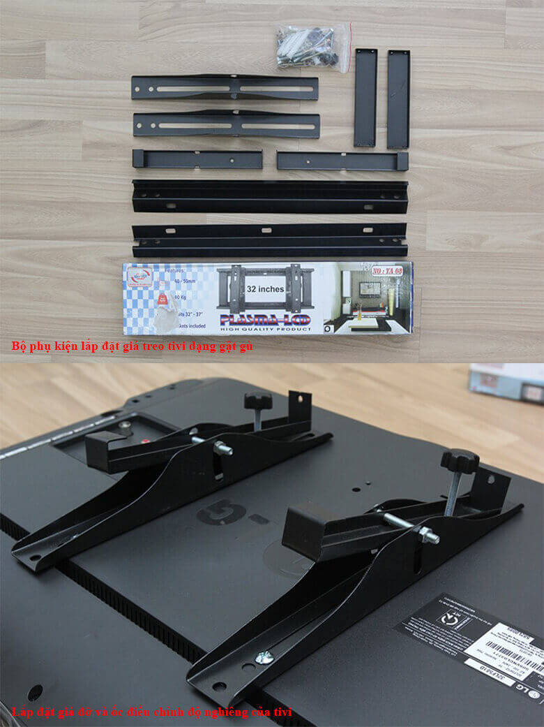 Điều chỉnh lắp 2 thanh giá đỡ vào tivi