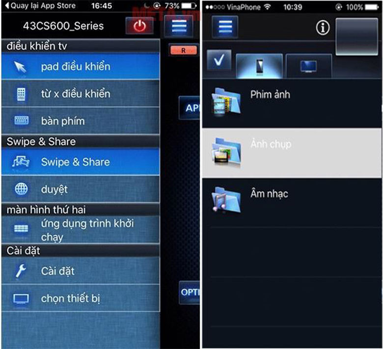 Mở ứng dụng Panasonic Remote 2 tiếp tục Swipe & Share và ảnh chụp