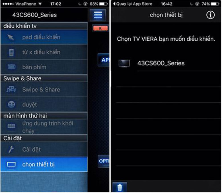 Mở ứng dụng Panasonic Remote 2 chọn thiết bị và chọn tivi bạn muốn kết nối