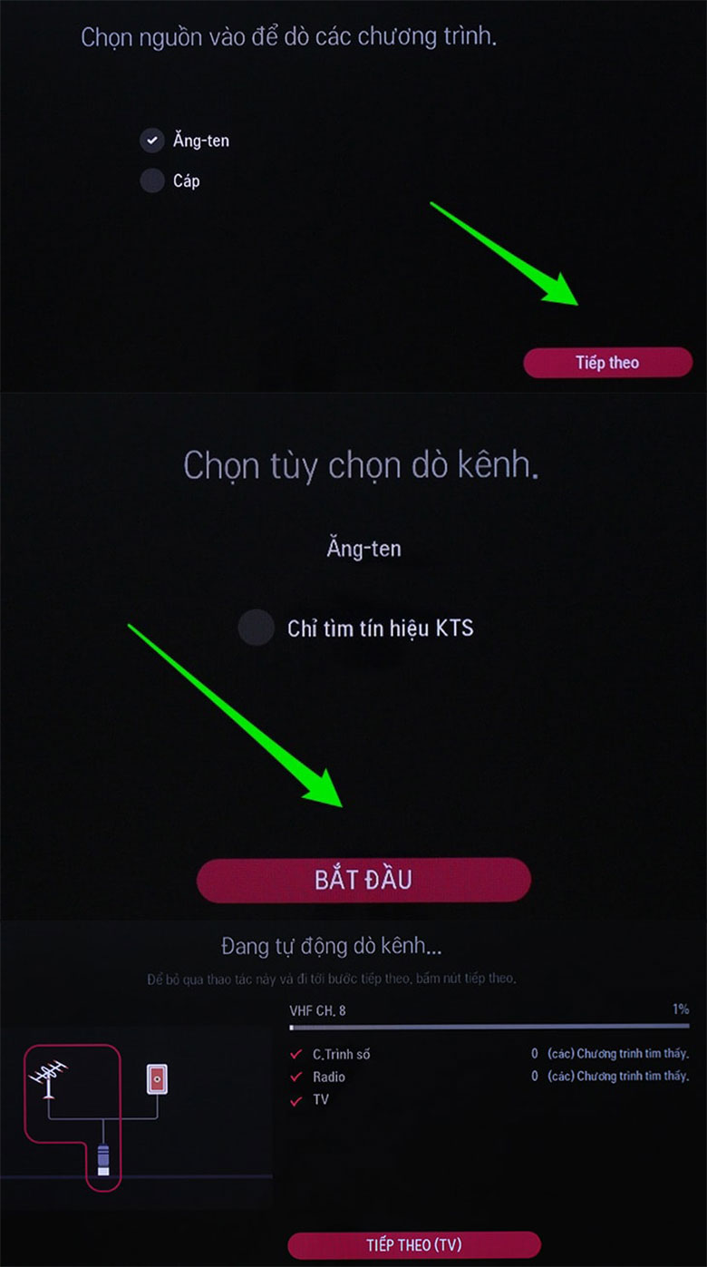 Cách dò kênh tivi LG 2016 thực hiện tiếp chọn ăng-ten để dò kênh