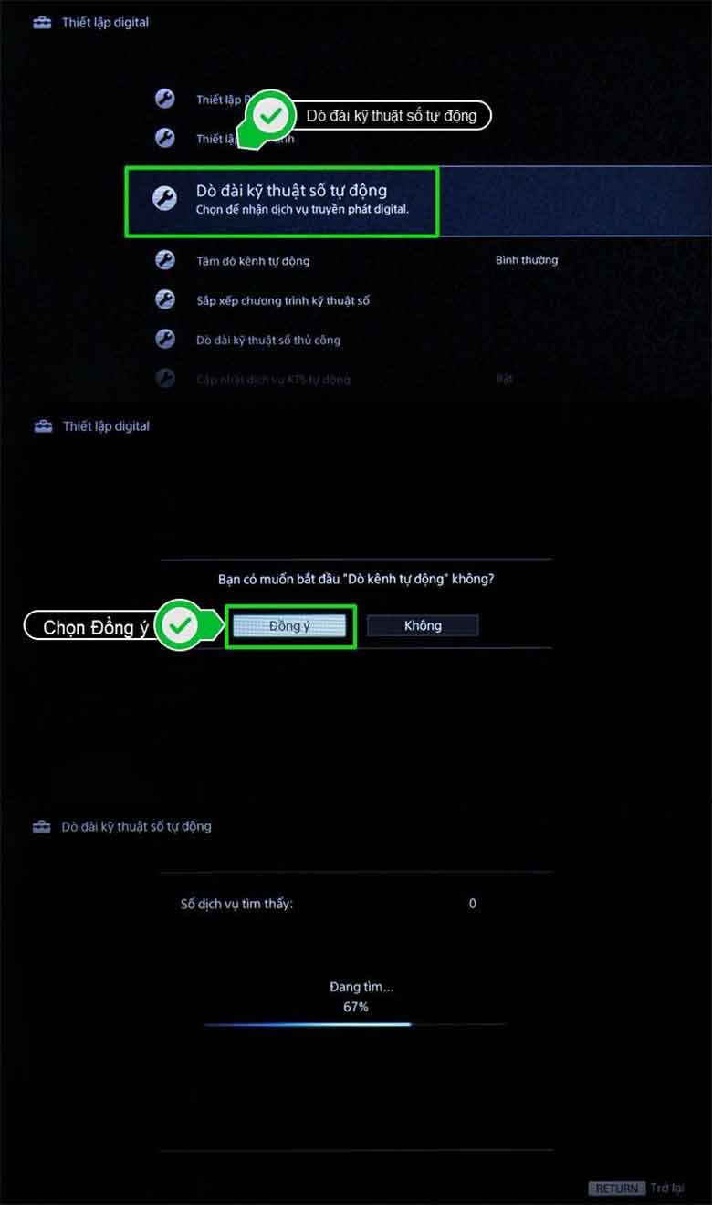 Thực hiện bước 3 dò kênh tivi Sony kỹ thuật số