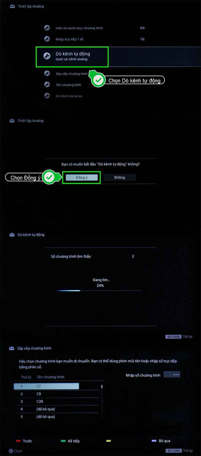 Thực hiện bước 1 dò kênh tivi Sony thông thường
