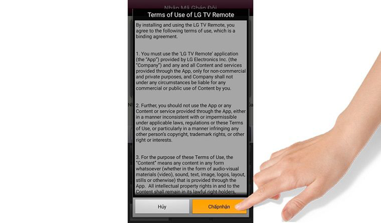 Chọn chấp nhận để đồng ý với điều khoản sử dụng của ứng dụng