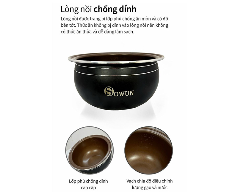 Nồi cơm điện Sowun 1.5 lít SW6915 - Lòng nồi được lớp phủ chống dính Ceramic