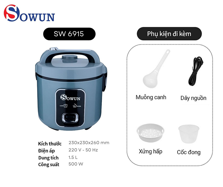 Nồi cơm điện Sowun 1.5 lít SW6915 - Dễ dàng tháo lắp và vệ sinh