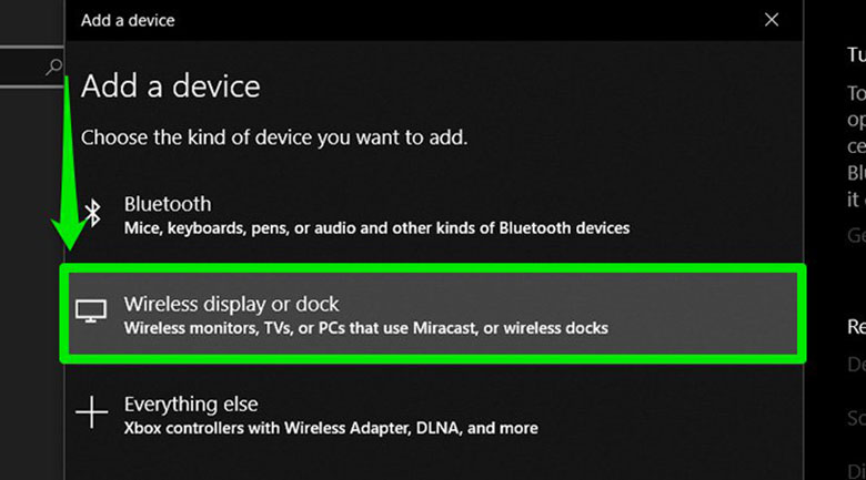 Chọn "Wireless display or dock" để kết nối laptop với tivi Sony qua wifi
